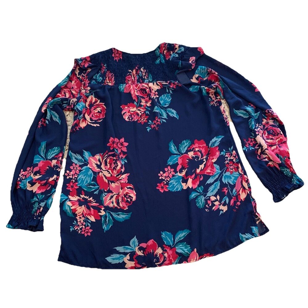 Pioneer Woman Womens Blue Floral Knit Top V Neck Size Small 3/4 Sleeve Stretch